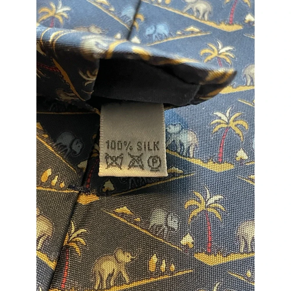 Jim Thompson Silk‎ Mens Tie Elephants Palm Trees Blue Thailand 3.5